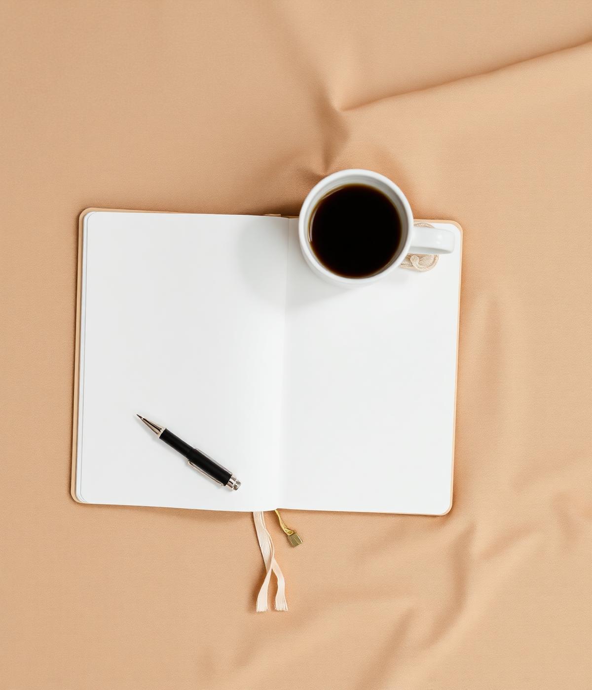An open notebook and coffee on a calm warm surface